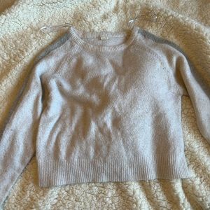 extra small garage white sweater with grey striped sleeves